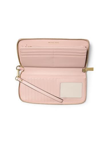 Image of Michael Kors Jet Set Travel Continental, Gold-Tone Hardware /MK Signature Coated Twill /Brown /Soft Pink