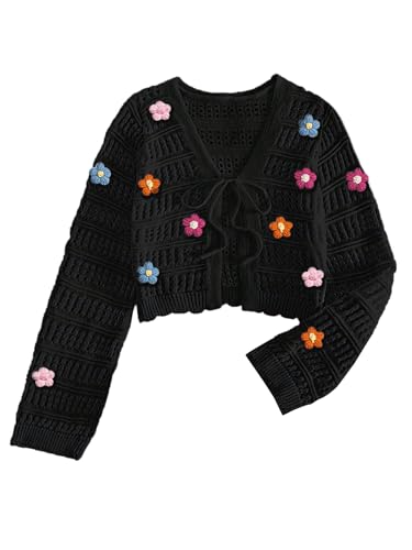 GORGLITTER Women's Bow Tie Front Floral Cropped Cardigan Crochet Knit Lightweight Boho Cute Sweaters Top