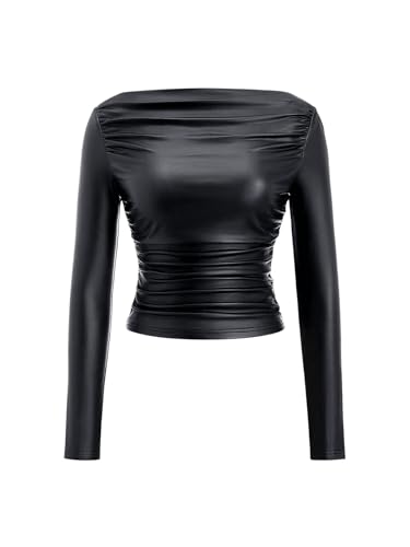 OYOANGLE Women's Long Sleeve Off Shoulder Leather Shirts Ruched Fitted T-Shirts Party Clubwear