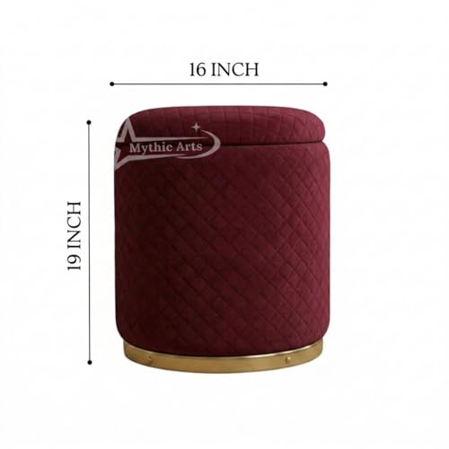 Image of Premium Round Storage Ottoman Stool 16 X 16X 19 inch, with Gold Metal Base | Luxury Pouffe with Hidden Storage | Cushioned Footrest for Living Room, Bedroom & Lounge Maroon