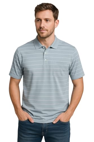 Image of WILD ELEPHANT Men Striped Polo T-Shirt | Cotton Short Sleeve Polo Neck with Button | Chest Pocket Casual Wear