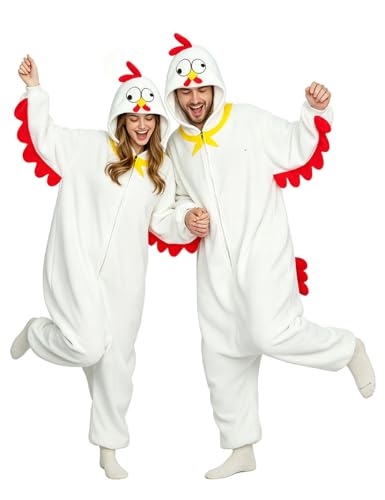 BWVQNO White Chicken Costume Adult White Chicken Onesie Pajamas Unisex Halloween Cosplay Costume