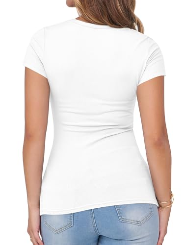 Image of Albe Rita Women Short Sleeve T-Shirt Cap V Neck Shirts for Women Ribbed Casual Top Knit Slim Fit for Summer