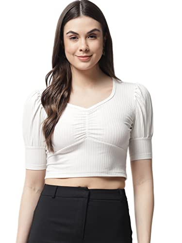 Image of POPWINGS Solid Ribbed Slim Fit Crop Tops for Women | Polycotton Stylish Western 3 /4 Puff Sleeves Casual and Summer Crop Tops for Women