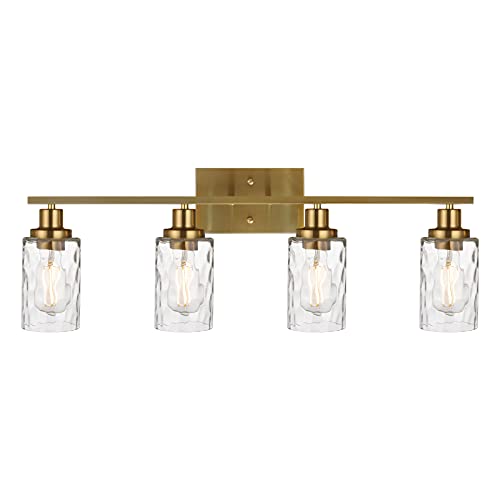 MELUCEE 4-Light Brass Vanity Light Over Mirror with Clear Hammered Glass Shade, Modern Bathroom Lighting Wall Mount Lamp for Powder Room Bedroom Kitchen