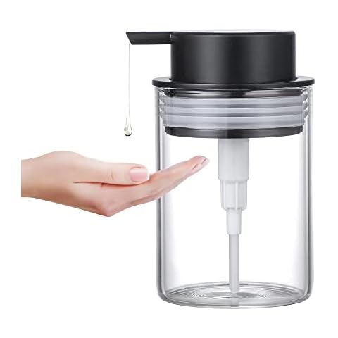 MKLZ Glass Dish Soap Dispenser, 10 Oz Clear Hand Liquid Bottles with Rust Proof Plastic Pump, Refillable Round Lotion Dispensing for Kitchen Sink & Bathroom Counter Cover