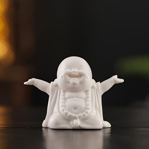 Estatua Pequeña de Buda Feliz Blanca de Cerámica para Decoración