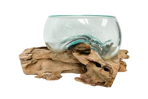 My Family House Melted Glass Bowl on Wood Fair Trade Handmade Ornament Various Sizes Unique Eco-Friendly Recycled Drift Wood Rustic