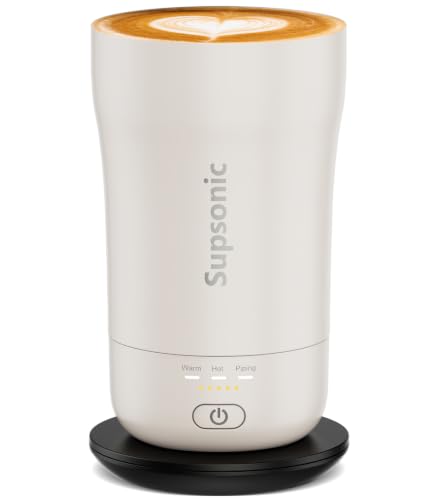 White Supsonic mug with charging base — three labelled heat presets replace app control at a 5.91-inch height