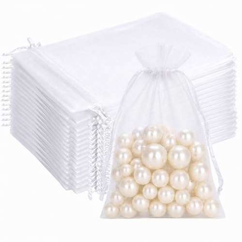 G2PLUS 100PCS White Organza Bags 4x6 in Sheer Mesh Drawstring Gift Bags Jewelry Pouches Candy Bag for Wedding Favors Christmas