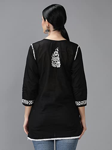 Image of Seva Chikan Hand Embroidered Lucknowi Chikankari Cotton Short Top Tunic for Women SCL9017