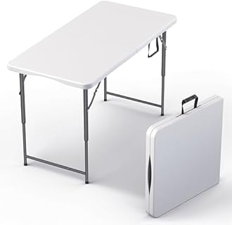 4 Feet Foldable Table Adjustable Height with Built in Handle, Steel Legs | 4FT Heavy Duty Portable | Perfect for Party Dining Wedding Events Picnic Indoor Outdoor Camping Utility Folding - 4 Foot