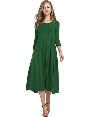 HOTOUCH Damen Kleider Elegante Midi Tunika Kleid A-Linie 3/4 Ärmel Kleid Rundhals Einfarbig Freizeitkleider Herbst Winter Kleider Grün L