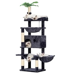 Hey-brother Cat Tree, 59 inches Cat Tower for Indoor Cats, Large Cat Condo with Top Perches, Double Basket, Leaf, Hammocks, Multi-Level Plush Modern Furniture Scratching Posts, Smoky Gray MPJ052G