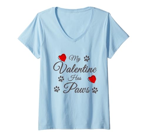 Donna Funny Cats Dogs Lovers My Valentine Has Paws Maglietta con Collo a V