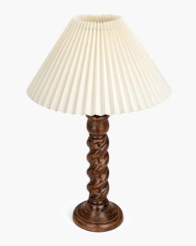 Image of Homesake Classic Twister Wooden Table Lamp with Shade | Handcrafted Bedside Lamp, E27 Holder| Bulb Included |Warm Light Night Lamp, Bedroom, Living Room, Study & Home Decor, (Pleated Off-White)
