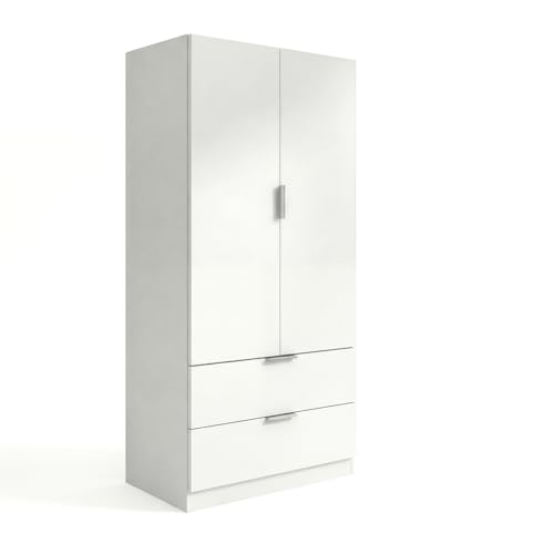duehome | Armario de 2 Puertas y 2 cajones, Modelo Lark, Acabado en Color Blanco Artik, Medidas: 81 cm (Ancho) x 180 cm (Alto) x 52 cm (Fondo)