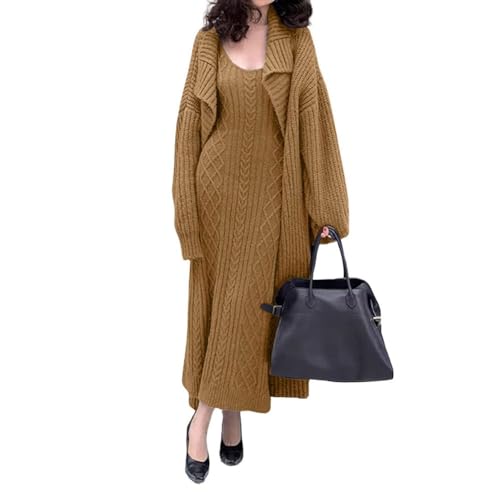 chouyatou Women's 2 Piece Outfits Open Front Maxi Cardigan Sweater and Cable Knit Bodycon Long Tank Dress Sets