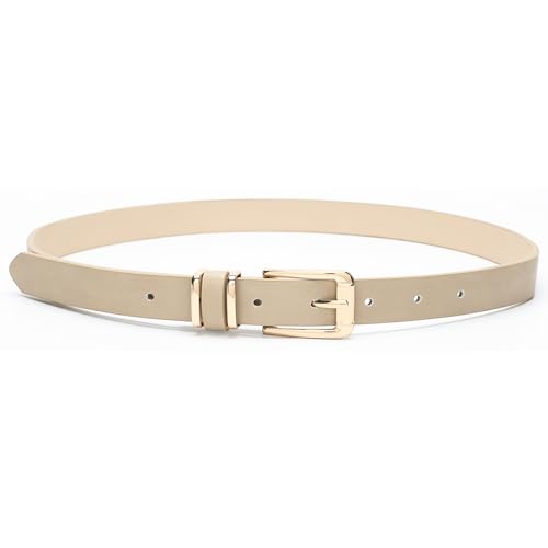 Earnda Women's Skinny Waist Belts for Jeans Dress, PU Leather Pin Buckle Thin Belt Beige Small