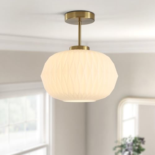 Image of Semi Flush Mount Ceiling Light Fixture Gold Brass Ceiling Light with White Striation Glass Shade Mid Century Modern Ceiling Light for Hallway Living Room Bedroom