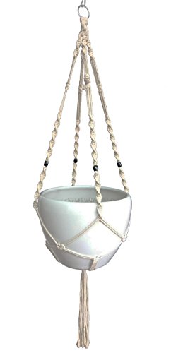Macrame Plant Hanger Hanging Planter Indoor Outdoor Cotton & Jute 4 Legs 48 Inches,Fits Round & Square Pots 10 inches Without The Pot (Cotton) (1, Beige)