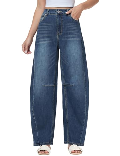 Gowjog Damen Jeans Barrel Hohe Taille Weites Bein Jeans Stretch Baggy Beinschnitt Jeanshose mit Taschen (Vintage Blau M)