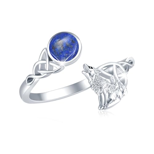 Bague loup en argent sterling 925 - Bague réglable en lapis-lazuli - Cadeau de Saint-Valentin pour femme, Argent sterling, Lapis lazuli