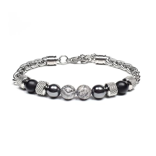 RANKEEF Men's Beaded Bracelet with Map Stones, Stainless Steel, Silver, 7-9 inches