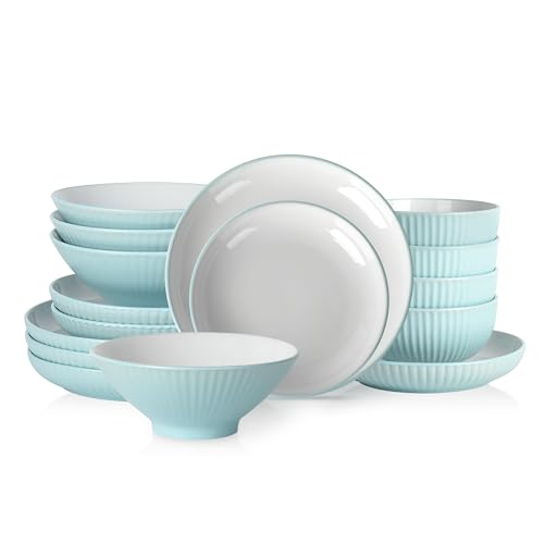 Image of Christian Siriano Lustra Modern 16-Piece Stoneware Dinnerware Set, Plates and Bowls Set, Dinner and Salad Plates, Ramen Bowls, Dishes for 4, Teal