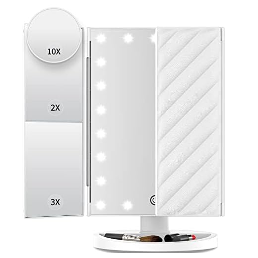 Vanity Mirror with Lights, Lighted Makeup Mirror with 2X 3X 10X Magnification, 21 LED Trifold Compact Touch Dimming Light Up Mirror, Dual Power Supply, Gifts for Women (White)