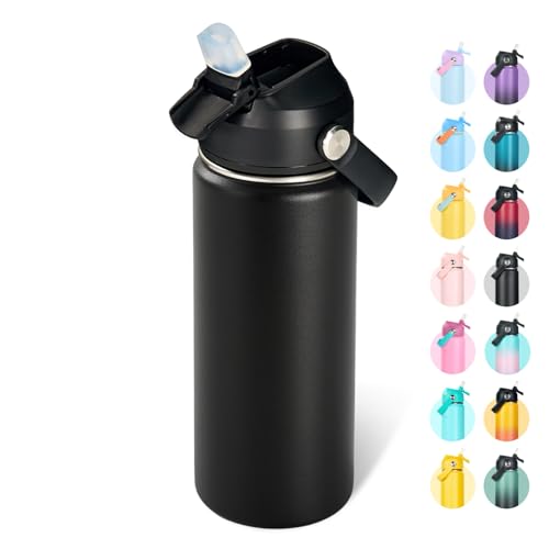 Fijinhom 18oz Insulated Stainless Steel Water Bottle, Wide Mouth Double Wall Vacuum, Silicone Straw, Sweat & Leak Proof, BPA Free Insulated Water Flask for Travel, Keep Cold 24h Hot 12h, Black