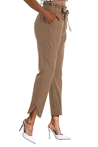 Yukyum Womens Pants Casual Bottoms Ladies Solid Bow Tie High Waist Trousers Camel M