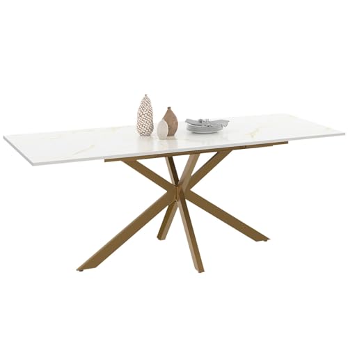 IDMarket - Table à Manger Extensible Rectangle Alix 6-10 Personnes Pied araignée Laiton Plateau Effet marbre doré Alaska 160-200 cm