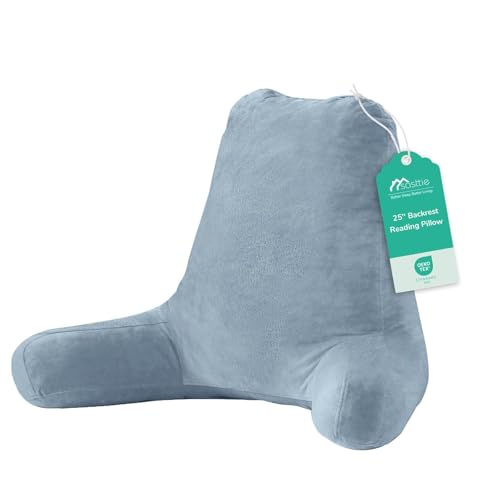 Image of Sasttie Reading Pillow for Bed, Back Pillow for Sitting Up, Greyish Blue | 25 inch Backrest Support Cushion for Couch, Sofa, and Floor, Dorm Essentials, OEKO-TEX, Adjustable Down Alternative Fill