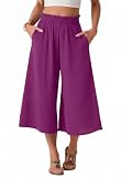 PrinStory - Pantalón de verano para mujer, ligero, cintura alta, estilo culotte, palazzo, de pierna ancha, con bolsillos, magenta, XXL