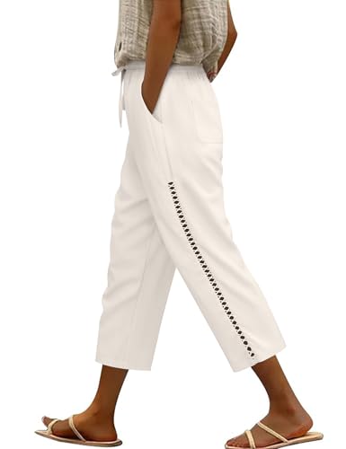CMTOP Leinenhose Damen Leichtgewicht Caprihose Baggy Sommerhose mit Kordelzug Lässige 3/4 Freizeithose mit Taschen Stoff...