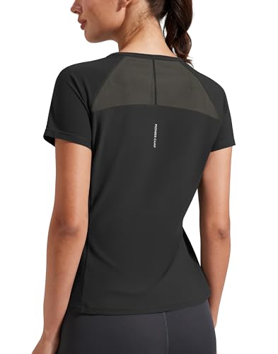Pioneer Camp Maglietta sportiva da donna, a maniche corte, funzionale, traspirante, con rete sulla schiena, Nero , XL