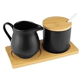 MeYuxg Set Latte e Zucchero, Contiene Zuccheriera Ceramica con Coperchio e Cucchiaino, Lattiera con Vassoio in Legno, Adatto al Microonde e alla Lavastoviglie (Nero)