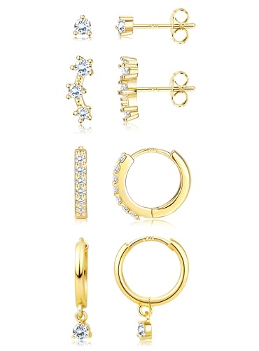 LOLIAS 4 Paar Ohrringe Gold Set für Damen 14K Vergoldet Kleine Ohrstecker Gold Stapelbar Zirkonia Helix Piercings Ohr Gold Ohrringe Stecker Creolen Gold Ohrringe Set