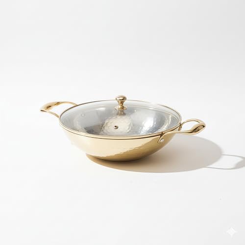 P-TAL Brass Kadhai 1.5L with Insulated Heat-Resistant Handle and Glass Lid | 100% Pure Brass Tin Coated Kadai for Cooking | Non-Stick and Chemical-Free (Glass Lid 1.5 Litre)