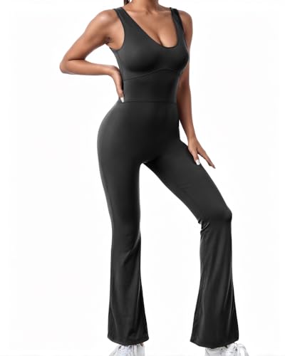 Tanou Flare Jumpsuits for Women Sleeveless Sweetheart Neck Tummy Control Long Pants Flared Jumpsuit Workout, Black
