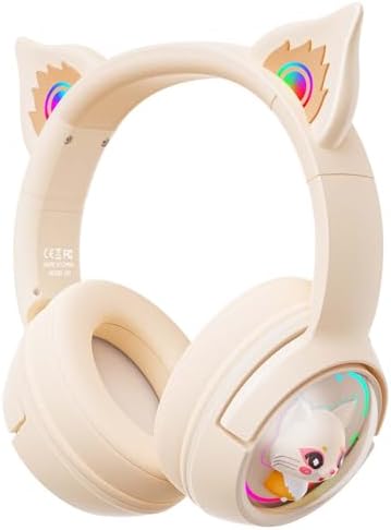 Cat Ear Bluetooth Headphones, Wireless RGB Cute Kitty Headsets, HiFi Stereo and Noise Cancelling Over-Ear Headphones for Gaming/Traveling/Music, Compatible with PC/Laptop/Tablet/Phone/Pad