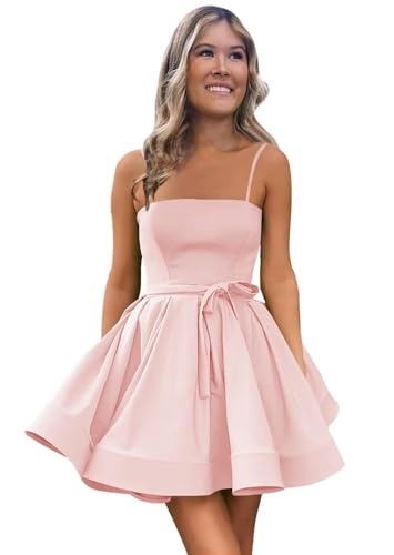 Spaghetti Straps Homecoming Dresses 2025 Short Satin Cocktail Dress A Line Mini Puffy Prom Gown with Pockets