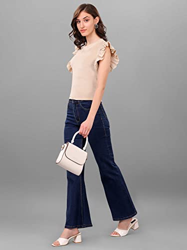 Image of SXV Solid Beige High Neck Ruffle Sleeve Velvet Top
