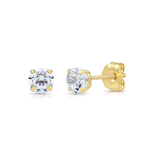 14k Yellow Gold Solitaire Round Cubic Zirconia CZ Stud Earrings with Gold butterfly Pushbacks