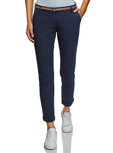 oodji Ultra Damen Chinohose mit Gürtel, Blau, DE 40 / EU 42 /L