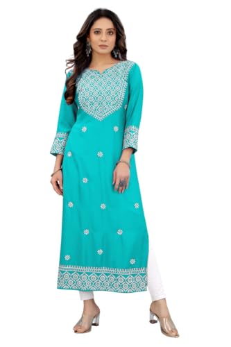 Image of Women's Rayon Embroidered Straight Kurti Under 499 Designer Attractive Look Women's Kurta