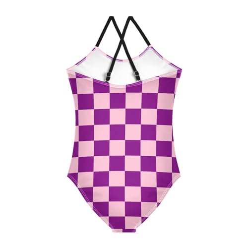 Image of Black and White Chess Girls One Piece Swimsuits Board Marble Tile Sport Halter Swimwear Beach Bathing Suit 3T