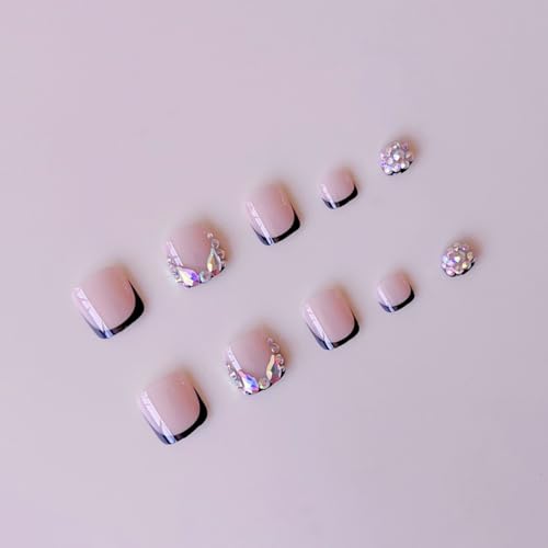 Image of Black Press on Nails French Tip Fake Nails with Rhinestone Design Glossy Full Cover Glue on Nails Short Square False Nail Artificial Acrylic Stick on Nail for Women Giels Manicure 24Pcs