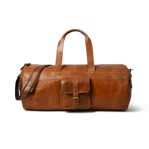 Leather Duffel Bags for Men and Women 24 Inch | Carry On Garment Mens Holdall for Gym Sports | Full Grain Leather Travel Overnight Weekend Duffle Bag | Vintage Classic Style Cabin Luggage Bag